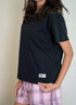 Women Summer Pajama set Black T-shirt + Pink X Black Tartan Plaid Shorts